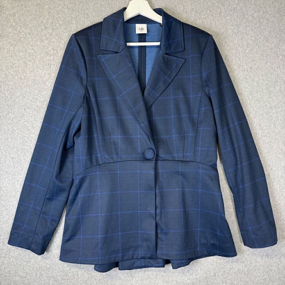 Cabi Womens Size 10 One Button Suit Jacket Blazer Blue Plaid Peplum Hem